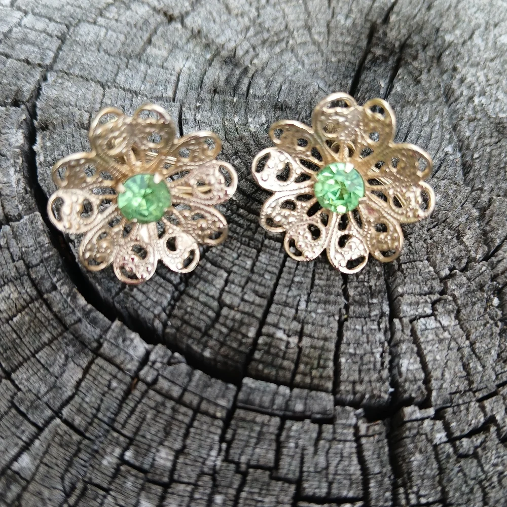 Vintage Elegant Gold Floral Earrings with Green Gem Statement Screw Back